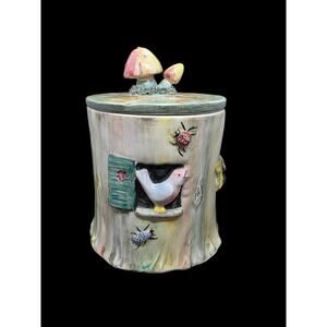 Vintage Handpainted Bird Mushroom Cookie Jar Biscuit Canister Italy